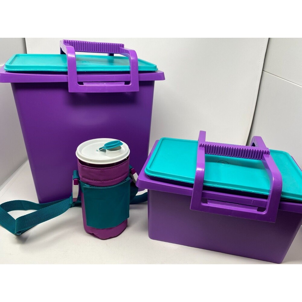Tupperware Hostess Beach Bright Picnic Totes & Cup Teal & Purple Retro Set